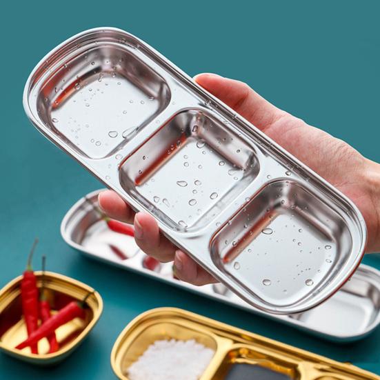 Stainless Steel Dipping Tray with 3 Compartments Easy To Clean Stackable Sauce Bowl Organizer Rack Tableware