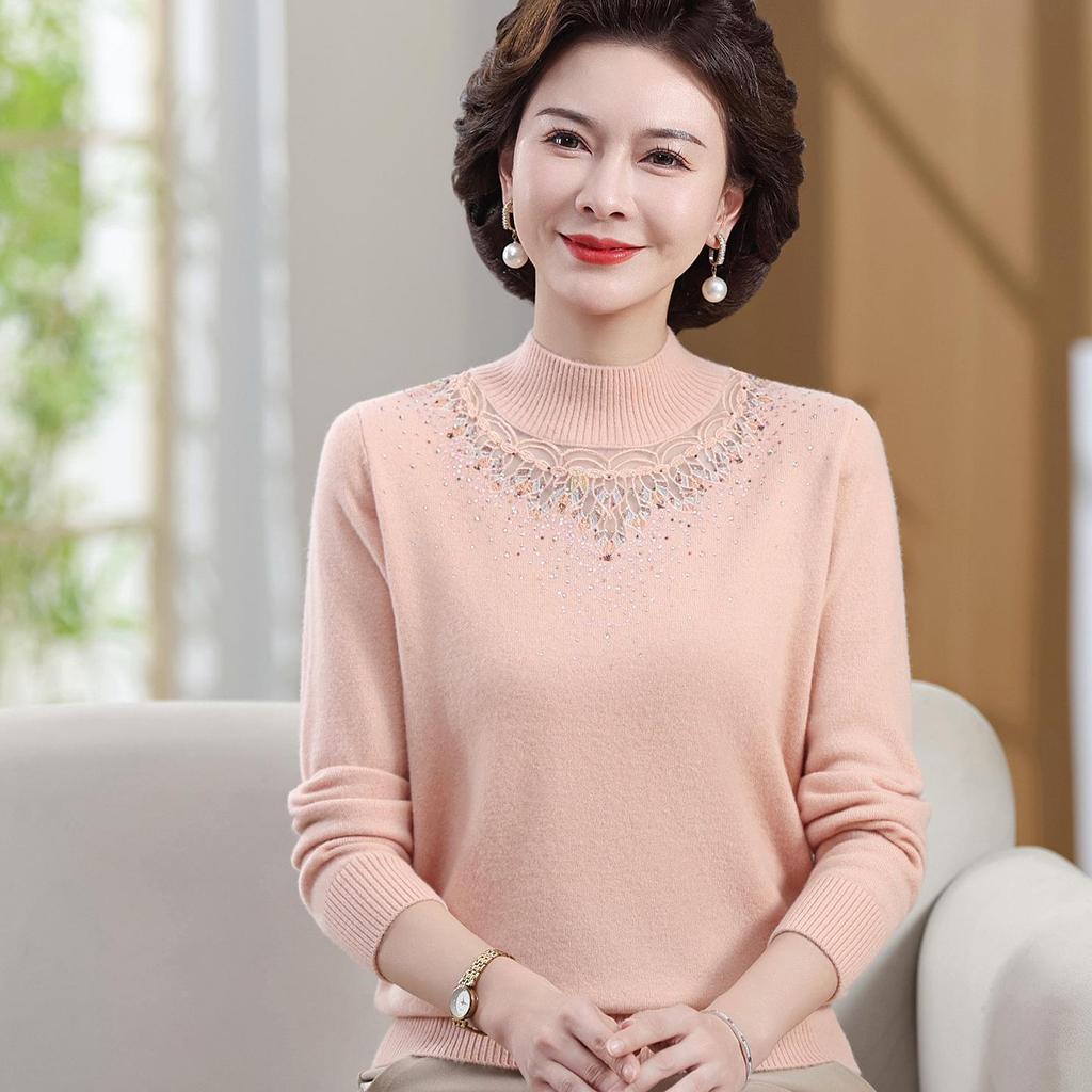 2025 New Style Mid-Neck Pure Wool Sweater with Embroidery for Middle-Aged & Elderly Women – Perfect for Autumn & Winter