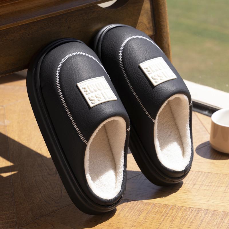 New Mid-to-high-end PU Leather Slippers Winter Couple Home Thick Bottom Heightening Velvet Warm Non-slip Cotton Slippers