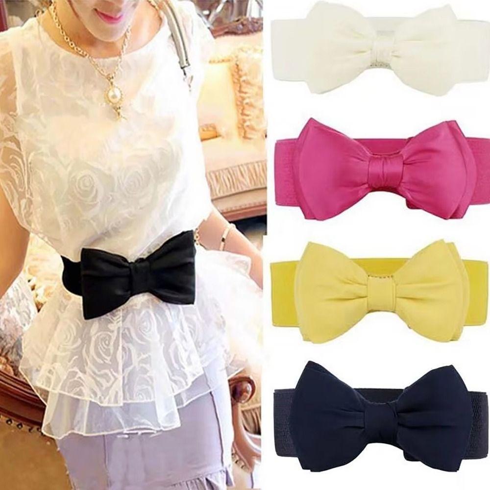 

1Pcs Elastic Bow Waistband Wide Satin Bow Belt New Waist Belt for Girls Lady Women blue