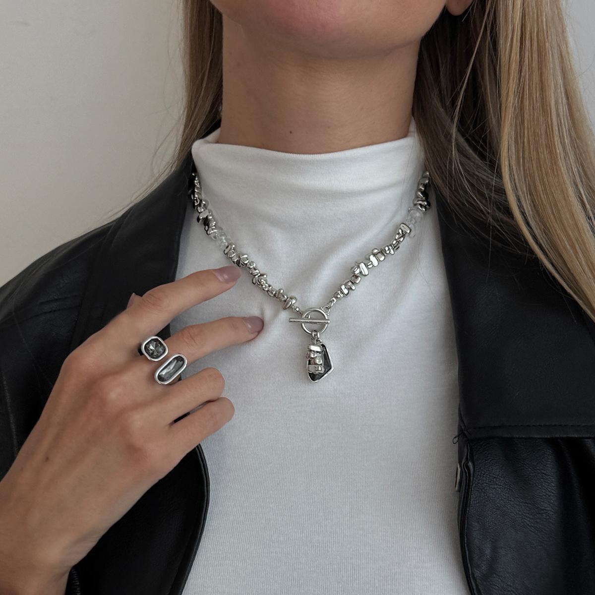 

Ingemark New Goth Black Geometry Acrylic Rhinestone Necklace Rings Jewelry Set for Women Trendy Creative OT Buckle Metal Chain