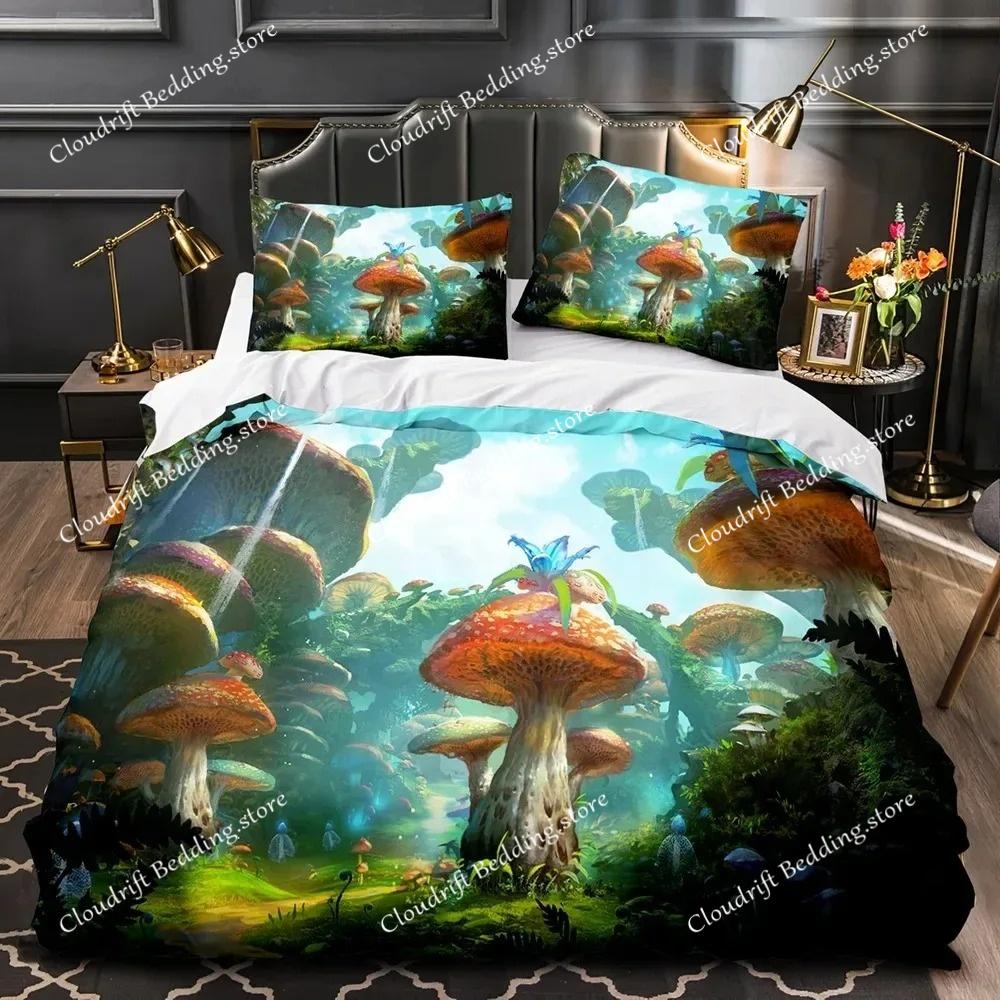 Mantar Peri Ormanı Nevresim Sihirli Lilliputian Karikatür Mantar Bitki nevresim takımı Fantezi Bahçe Polyester Yorgan Kapak