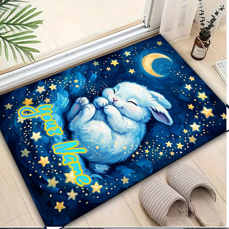 1PC Custom Name Moonlit Bunny Dreams Theme Floor Mat Ideal for Living Room, Game Rooms, Office, Bedroom,Floor Mat Playful Design
