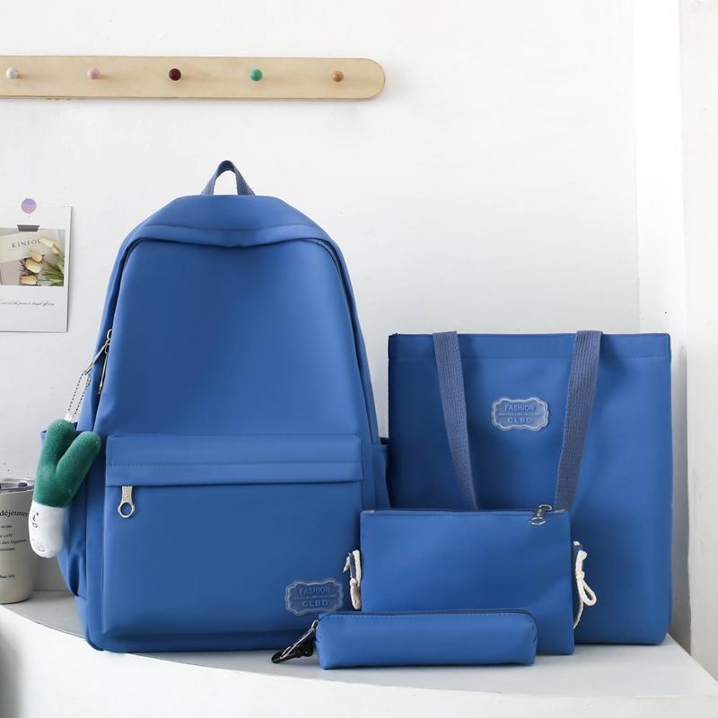 

4pcs/set Students Aesthetic Backpacks Solid Color Simple Schoolbag Lightweight College Knapsack Nylon Waterproof Teenage Bookbag синій