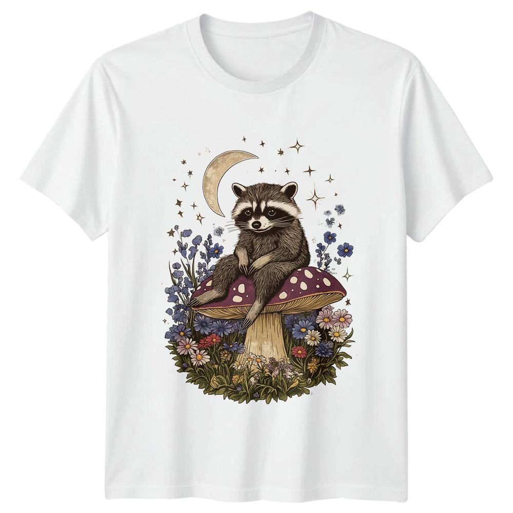 Raccoon Sitting On Mushroom Celestial Flowers Funny Animal Pun TShirt S