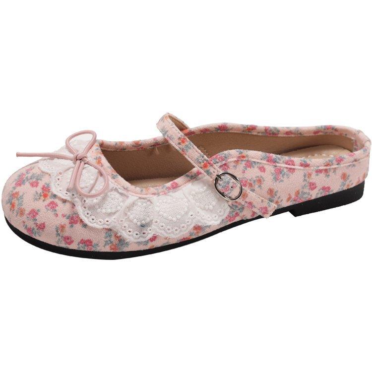 French Gentle Niche Lace Baotou Slippers 2025 New Bow Square Head Shallow Mouth Half Drag One Pedal