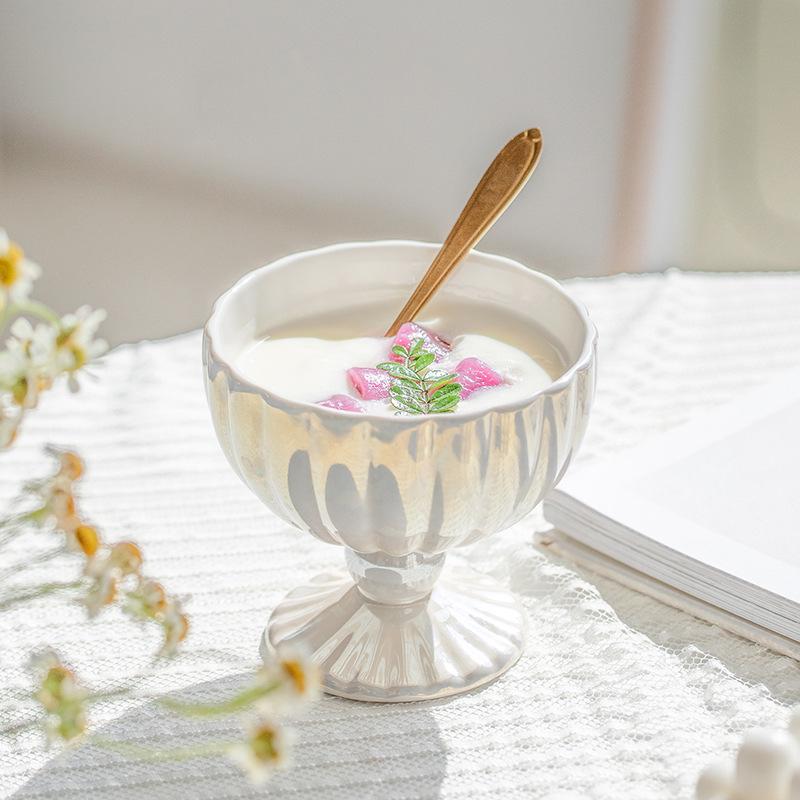 Nordic Pearl Tall Stem Ice Cream Cup - Exquisite Ceramic Dessert Bowl