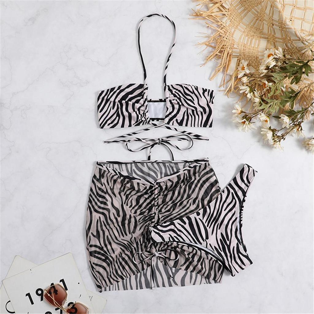 Novinka Se sukní Zebra Potištěný Zavinovač Kolem Bikin Dámské Plavky Dámské Plavky Třídílné Bikiny Souprava Koupání Plavky