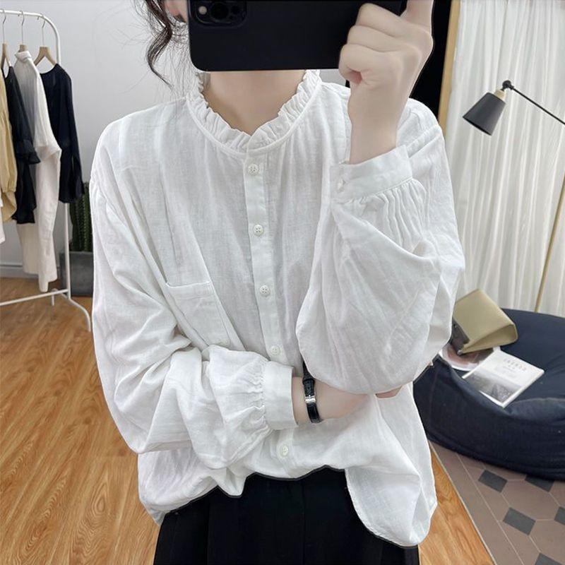 Women Pure Cotton Long Sleeved Shirt for Women Spring Autumn Loose Retro Top Pleated Base Shirt