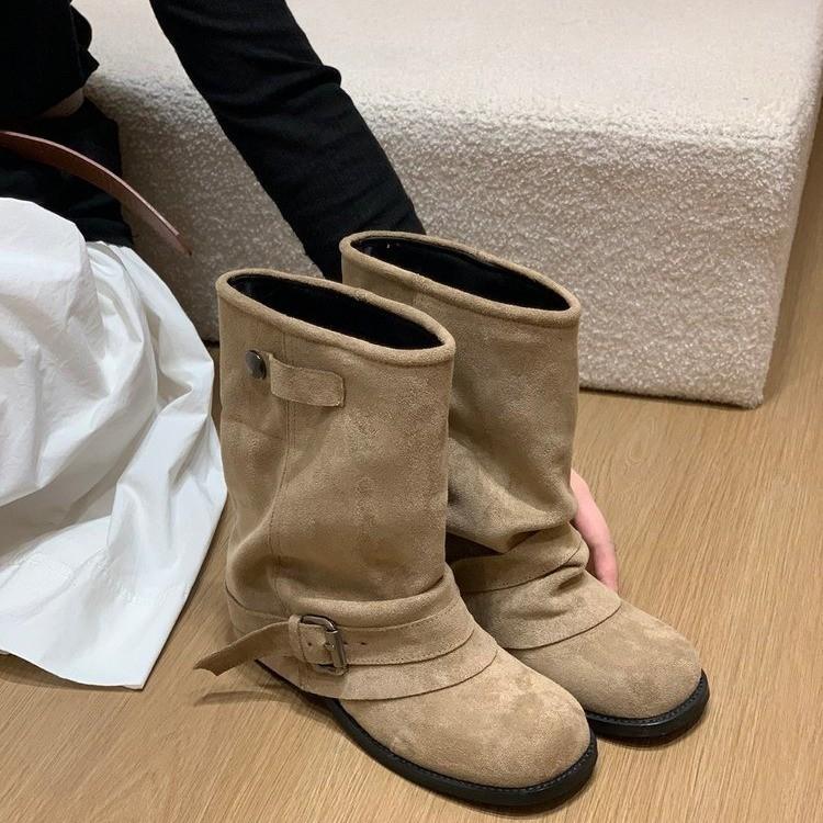 Short Boots Women's Autumn 2025 New Belt Buckle Thick Heel Cowboy Boots Martin Boots Wear Pleated Stacked Pants Tube Boots