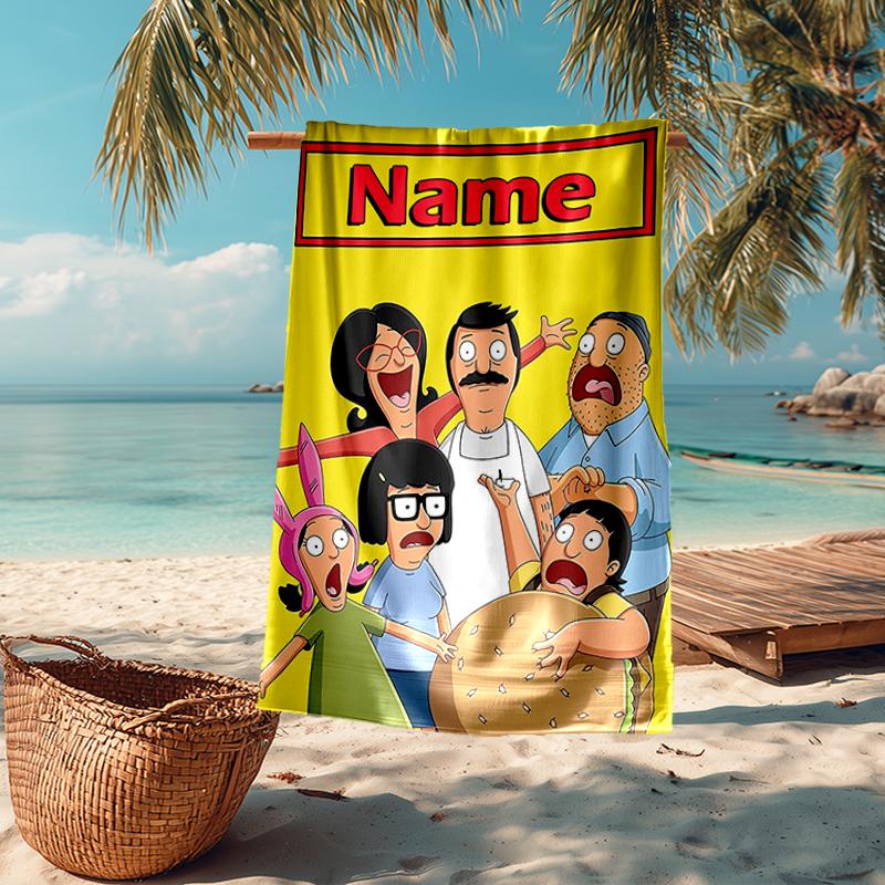 Custom Name Ultra-Soft Beach Towel with Bob's Burgers Theme,Ideal for Pool - Camping, Diving - Perfect Travel Essential, Vibrant Beach Towel.