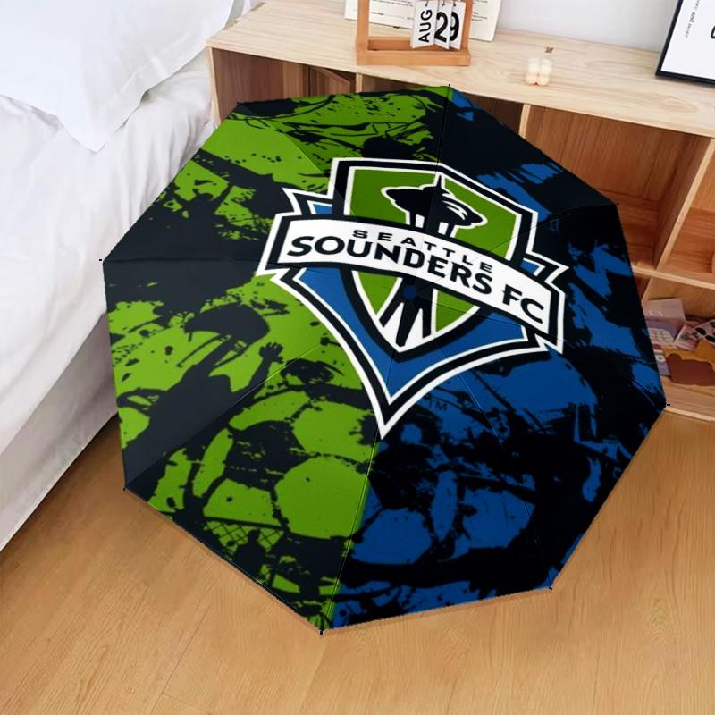 1 Stück Seattle Sounders FC Bedruckter Regenschirm Faltregenschirm, Automatischer Regenschirm 8-Speichen für Reisen, Camping Fan Geschenke Weihnachtsgeschenke