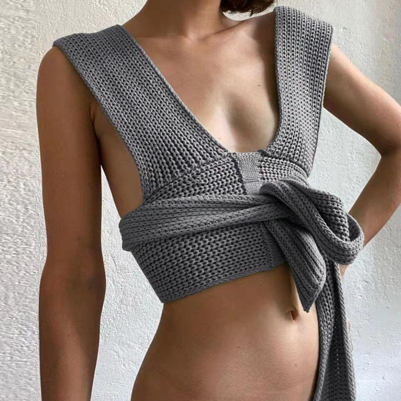 

European and American WOMEN S Clothing Bandage Woolen Blouse Gray One size