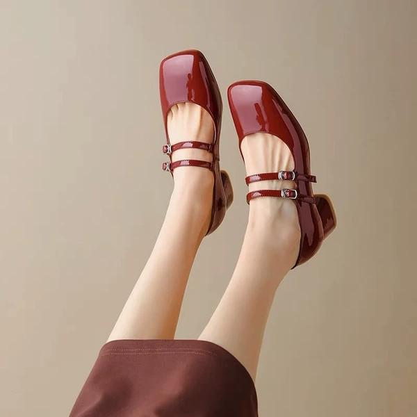 

New~ Square Head Mary Jane Burgundy Bright Oily Leather Women s Shoes Full Leather Thick Heel Buckle Student Leather Shoes Inside and Out 34