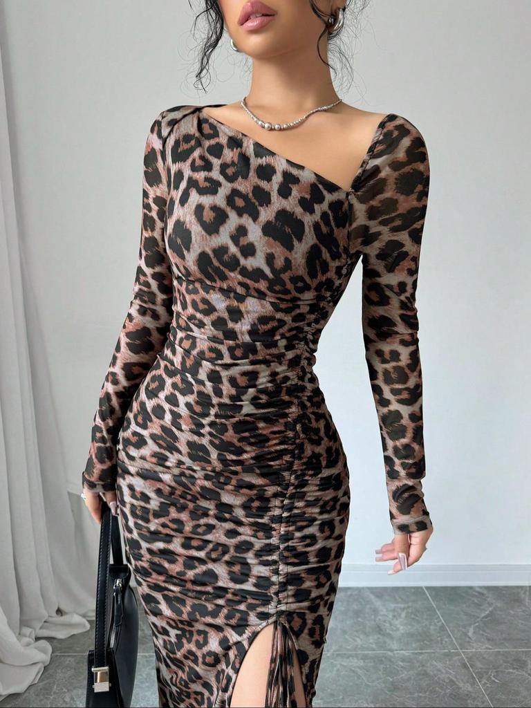 European & American Leopard Print Round Neck Long Sleeve High Waist Dress