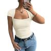 Women Square Neck Ruched Short Sleeve T Shirt Slim Fit Stretchy Casual Top Soft Fabric Stylish Design