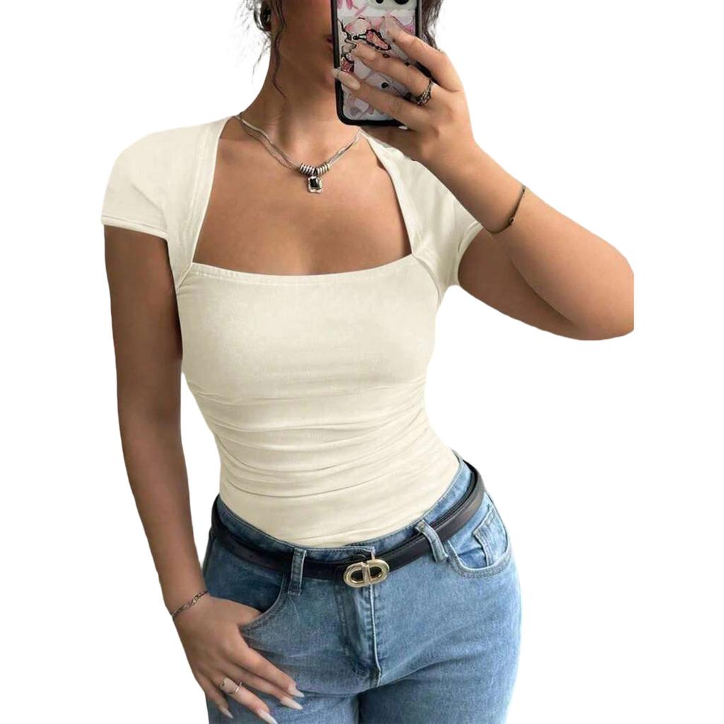 Women Square Neck Ruched Short Sleeve T Shirt Slim Fit Stretchy Casual Top Soft Fabric Stylish Design