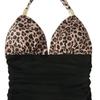 Women's Leopard Print & Black Halter One Piece Swimsuit - Ruched Tummy Control Metal Accent Beachwear