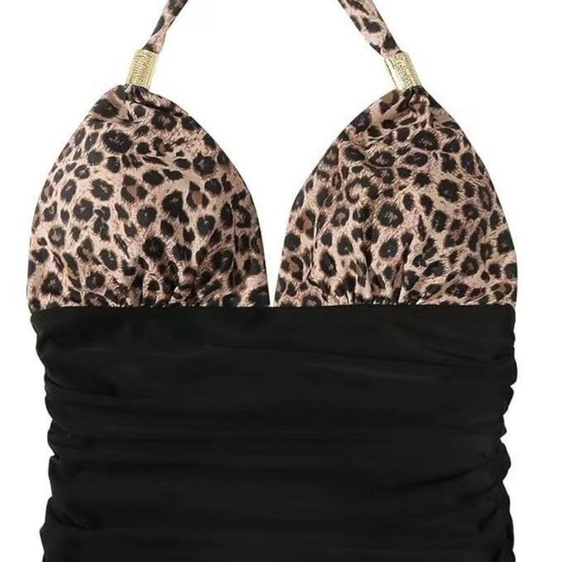 Women's Leopard Print & Black Halter One Piece Swimsuit - Ruched Tummy Control Metal Accent Beachwear