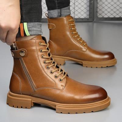 Herren High-Top Leder Motorradstiefel mit Seitenreißverschluss, warmem Samtfutter und Höhenerhöhung für Herbst/Winter.