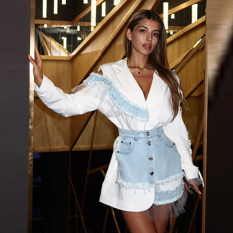 Women's Lace Denim Patchwork Suit Jacket Fashion Long Sleeve Lapel Cinched Commute Office Lady Jacket