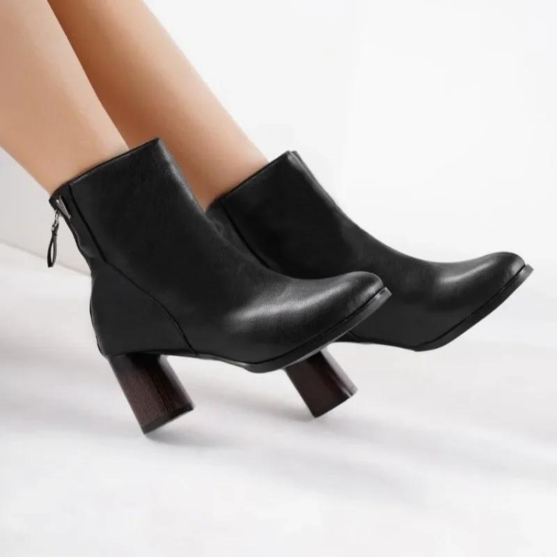 Fashion 2024 New Women's Shoes Zipper Women's Boots Autumn Round Toe Solid Profession Middle Tube Chunky Heels Large Size Fashion Boots
