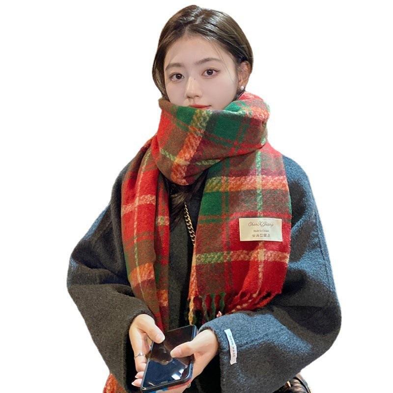 Christmas atmosphere New red plaid scarf Women's winter versatile thickened senior sense Student warm scarf