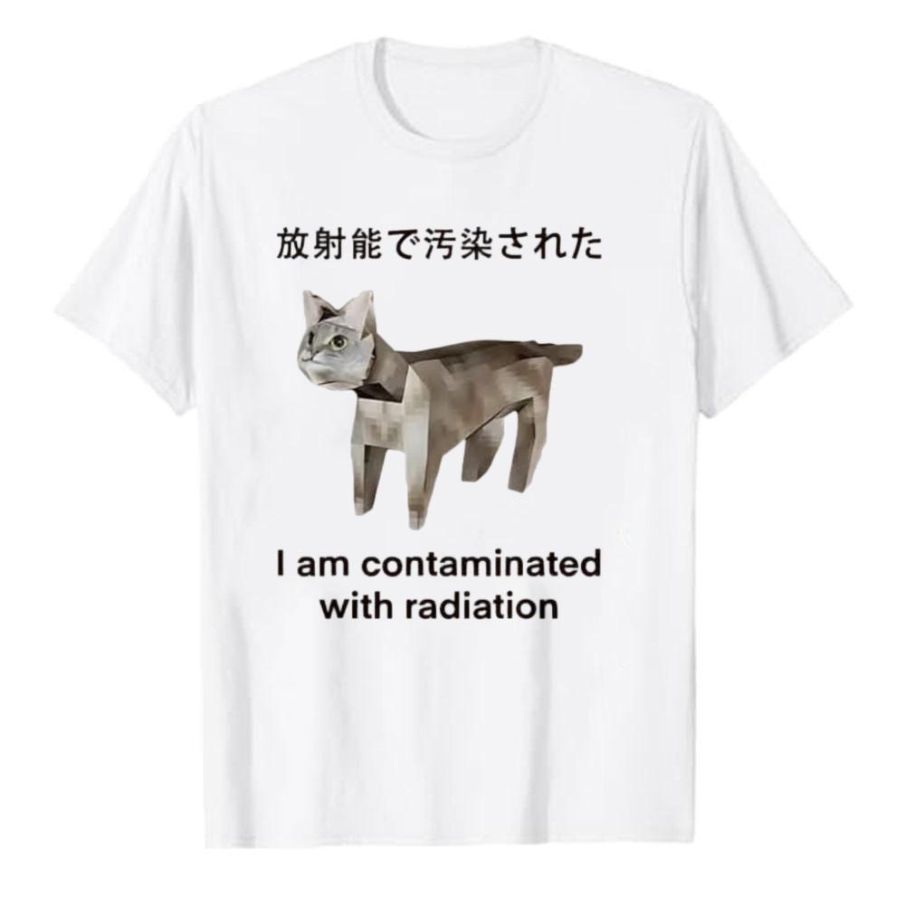 Weird Low Poly Contaminated Cat Japanese Text Print Tshirt Unisex Cotton Retro Meme Tee Streetwear Loose Hip Hop Daily Wear Tops