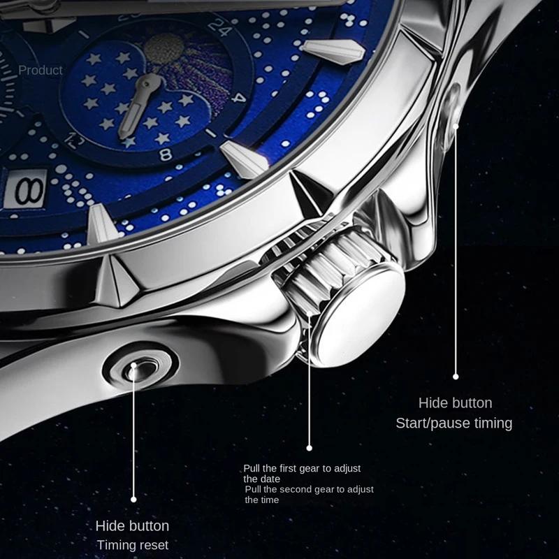 POEDAGAR Luxusní pánské náramkové hodinky Luminiscenční Vodotěsné Chronograf Datum Pánské hodinky Nerezová ocel/Kožený řemínek Pánské křemenné hodinky