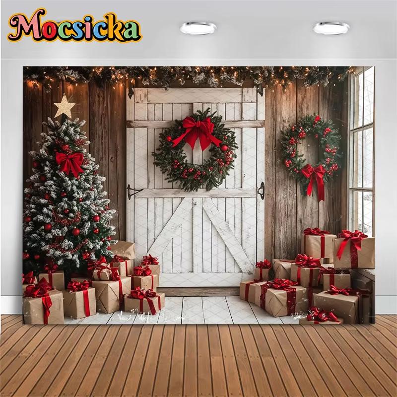 Mocsicka Photography Background Christmas Tree Door Decoration Child Family Holiday Party Studio Backdrop Shooting Studio Banner