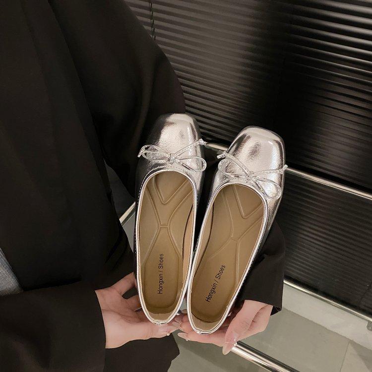 

Модная женская обувь с бантом, квадратным носком, мягкой подошвой, одинарная обувь, удобные слипоны, балетки на мягкой подошве, женские серебристые туфли-лоферы с круглым носком для платья 40