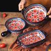 KX4B Retro Binaural Baking Pan Household Hand Painted Salad Plate Ceramic Baking Dish Home Bakeware for Cooking Cake Dinner