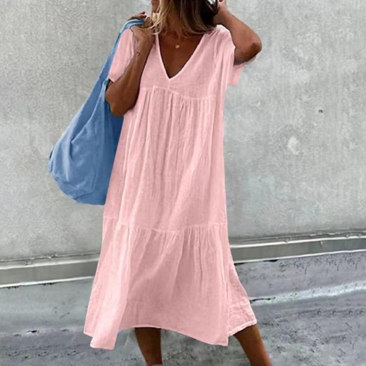 Women Casual Long Cotton V Neck Solid Color Simple Style Baggy Dress 1Pc