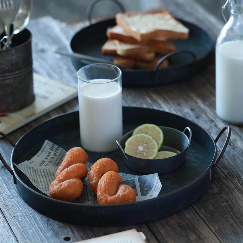 Retro Originality Home Storage Tray Metal Iron Art Binaural Plate Fruit Desserts Bread Delicious Food Photograph Decorate Prop