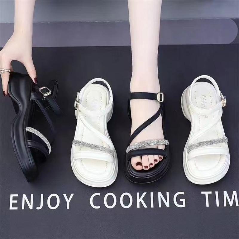 Fashion Summer 2024 New Roman Sandals for Women Shoes Peep Toe Rhinestone Ankle Buckle Comfort Increasing Height Sole Sandal