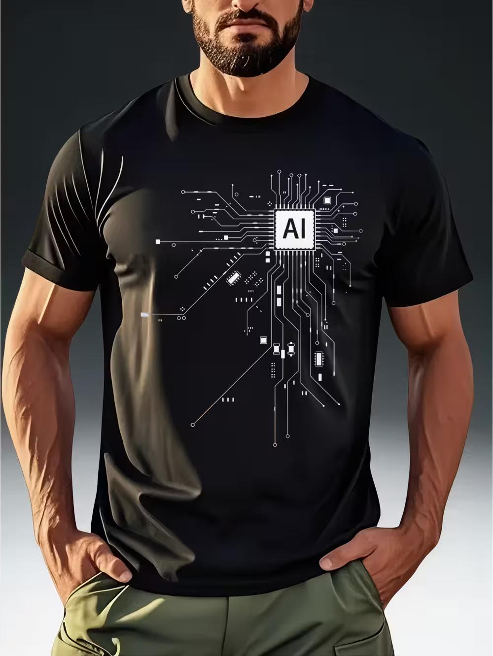 

Men S Trendy T-Shirt Featuring a Circuit Element Theme with an AI Chip Tech-Inspired Print XXL