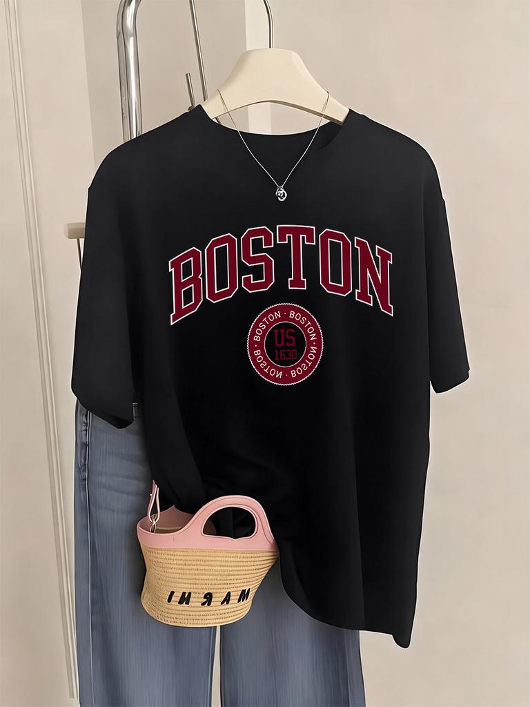 Boston City Us 1630 Letter Prints TShirts Womens Summer Basic T Shirts ONeck Soft Short Sleeve Tops Casual Loose Woman Clothes