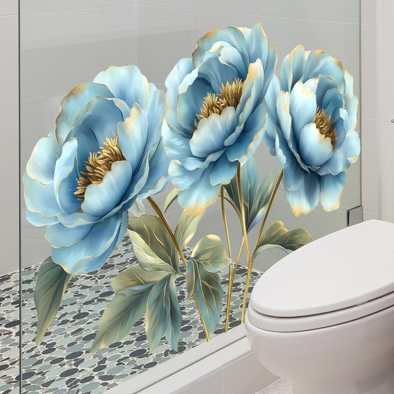 Realistic Gold Blue Flowers Wall Sticker Self-Adhesive Removable Decor for Home Bathroom Living Room Wardrobe