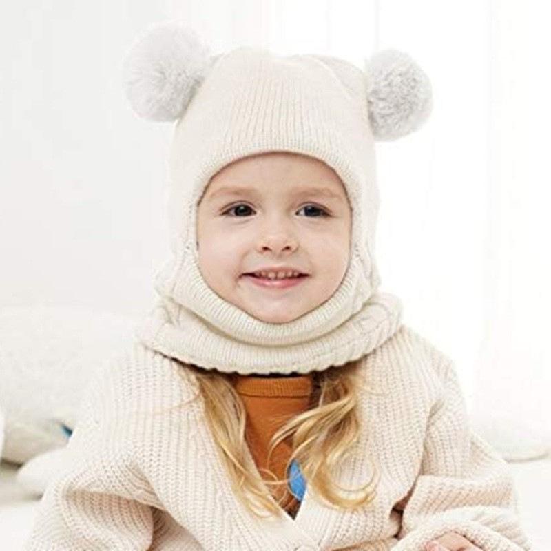 1-4 Years Kids Winter Hat Scarf Set - Sweet Bear Knitted Ear Flap, Warm Soft Integrated Cap, Hand Washable Toddler Accessory