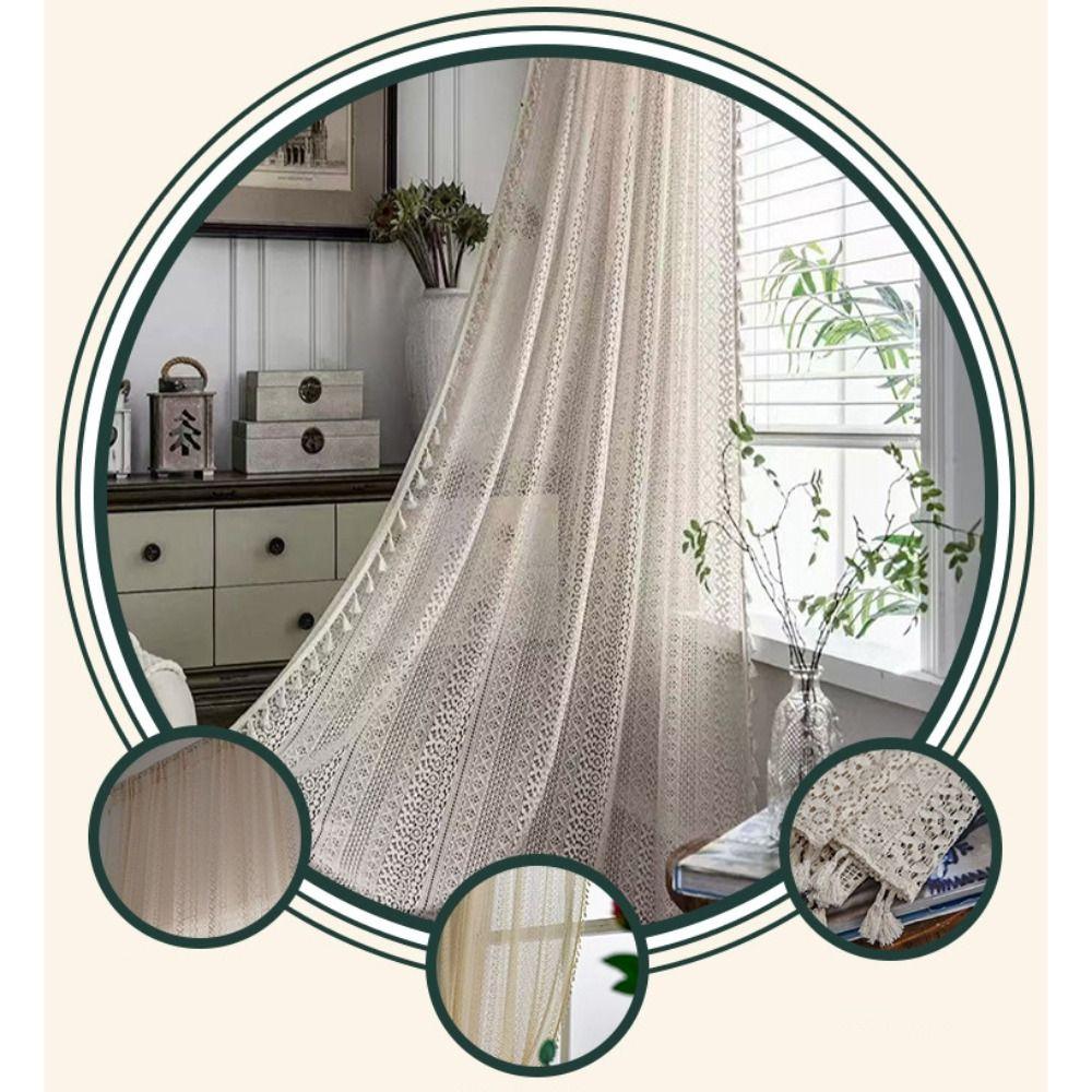 Lace Pattern Vintage Rod Pocket Curtains Tassel Design Geometry Striped Curtains  Window Treatment