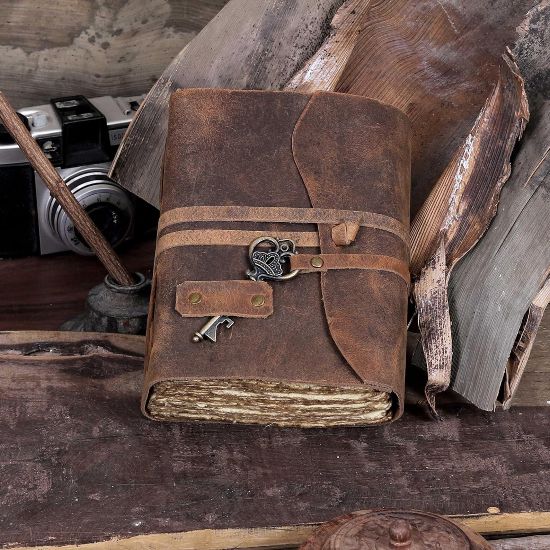 Leather Writing Diary Notebook – Unique Handmade Travel Journal with Embossed Design & Deckle Edge Paper