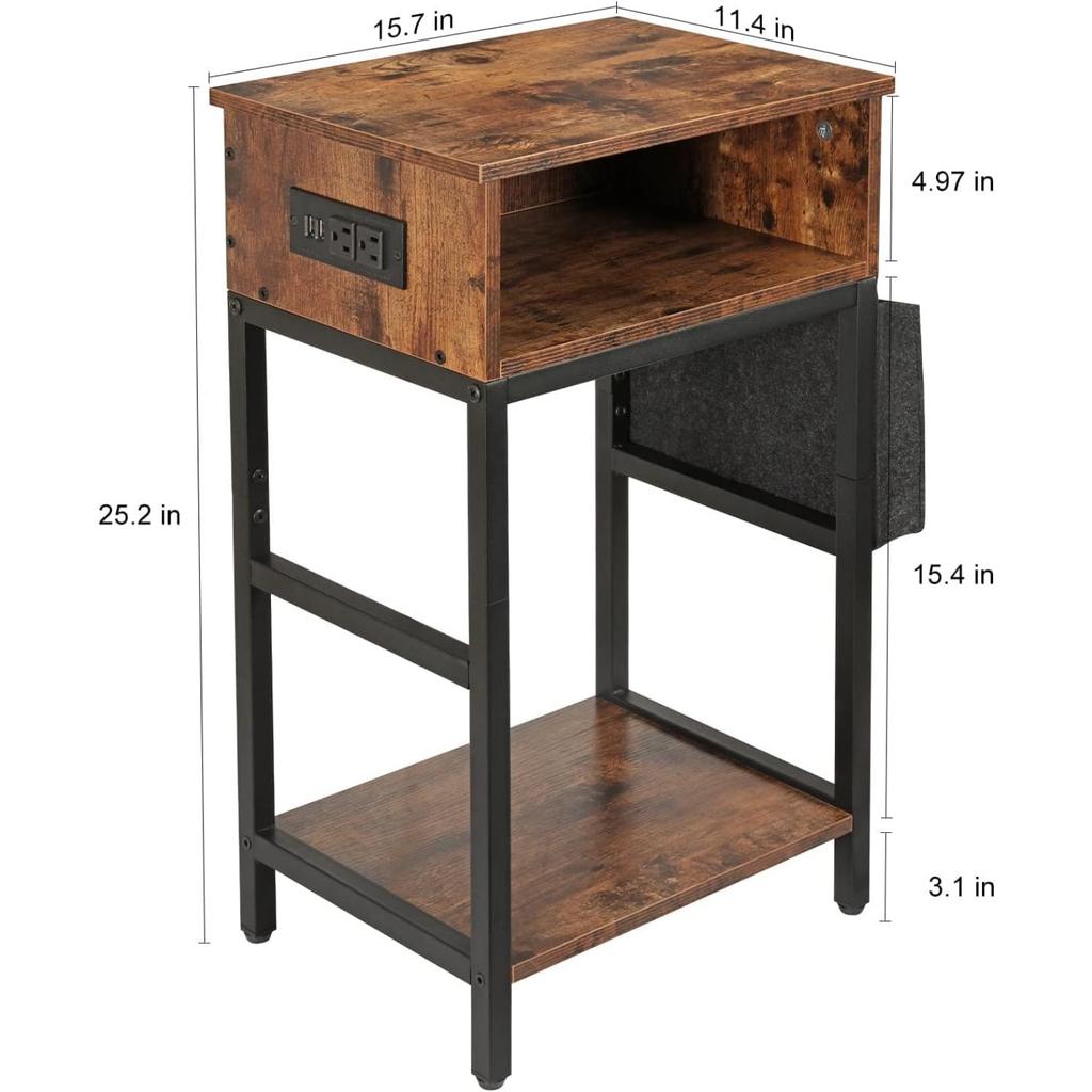 Charging Nightstand with USB/Outlet | Bedside Table with Drawer & Storage Bag for Small Spaces, Bedroom, Brown