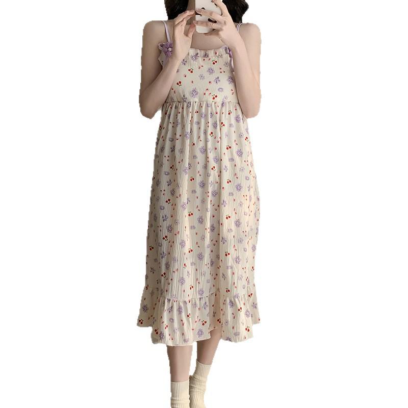 Women's 2026 Summer Cloud Cotton Camisole Nightgown with Built-in Bra, Princess Style Long Dress Lapel