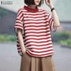 ZANZEA Damen Lässig Stehkragen Locker Halber Ärmel Streifen T-Shirt