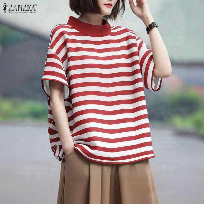ZANZEA Damen Lässig Stehkragen Locker Halber Ärmel Streifen T-Shirt