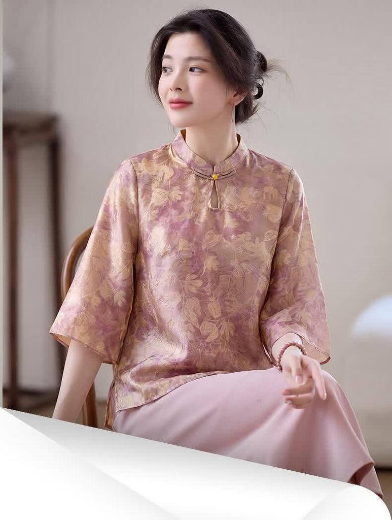 ORIGIN Women's Retro Chinese Style Printed Stand Collar Shirt