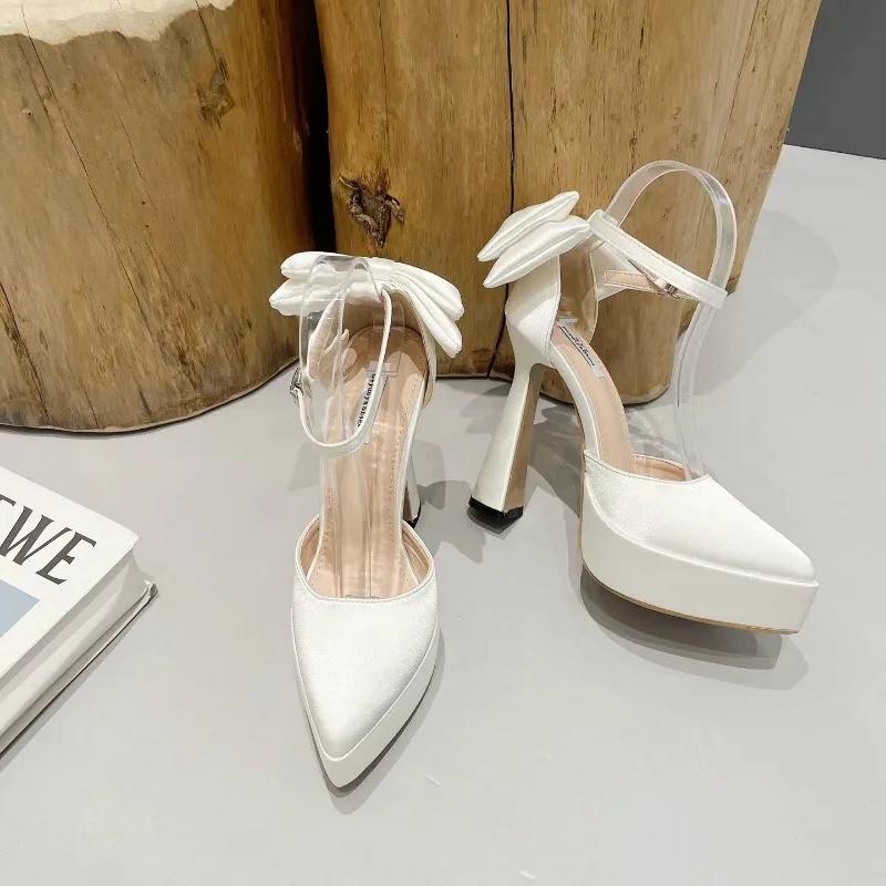 Fashion High Heels Women 2024 Summer New Fashion Satin Face Pointed Toe High Heel Sandals Bow One Word Buckle Thick Heel Women's Shoes