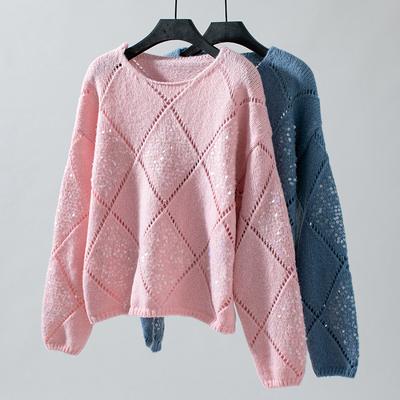 Women's Cut-out Knit Autumn and Winter Loose Pullover Quilted Sequins Sexy Knit Sweater