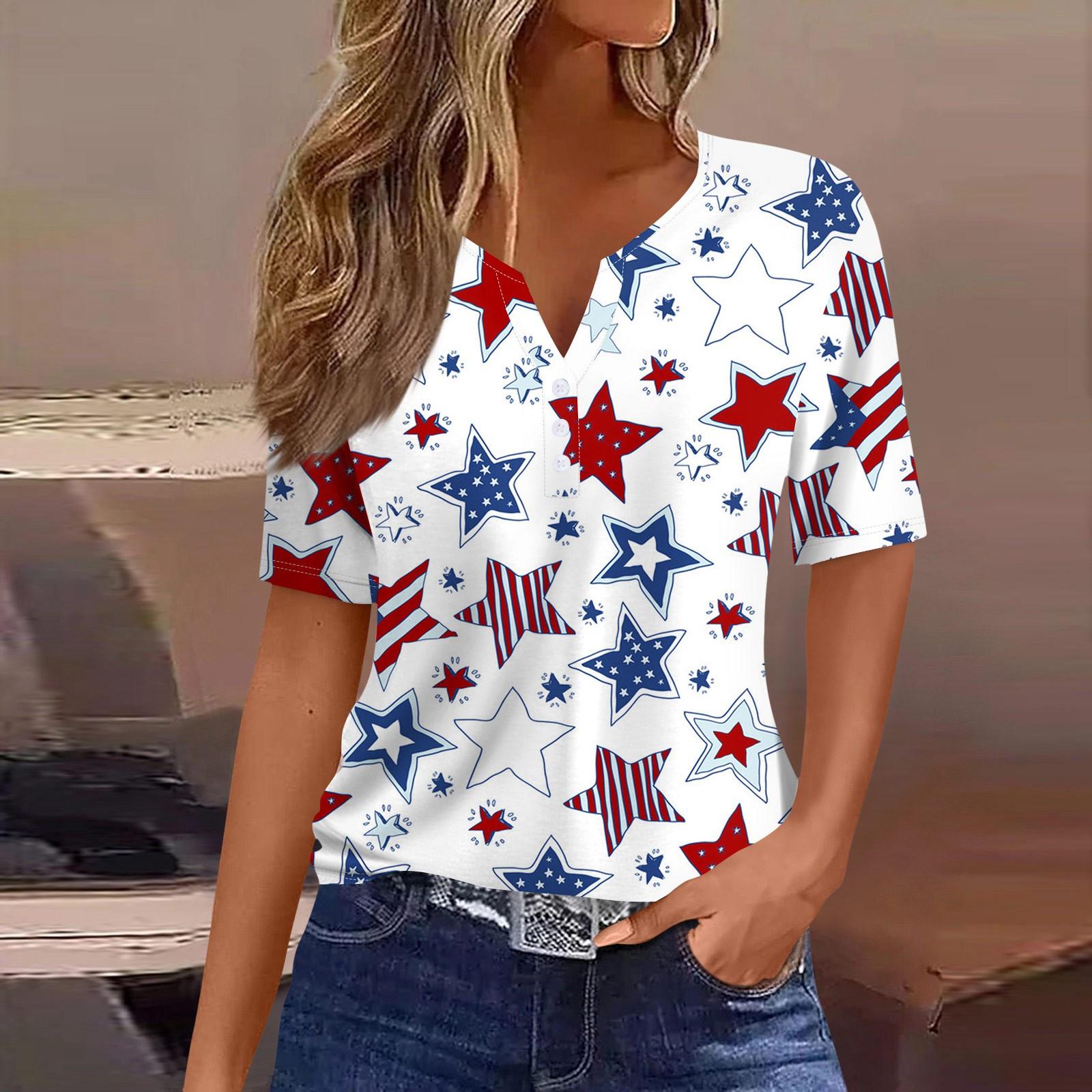 

Жен. Футболка Футболка День независимости С принтом Пуговицы С короткими рукавами Повседневные Выходные Мода Классический Классический V-образный вырез Обычный Топ XL белый