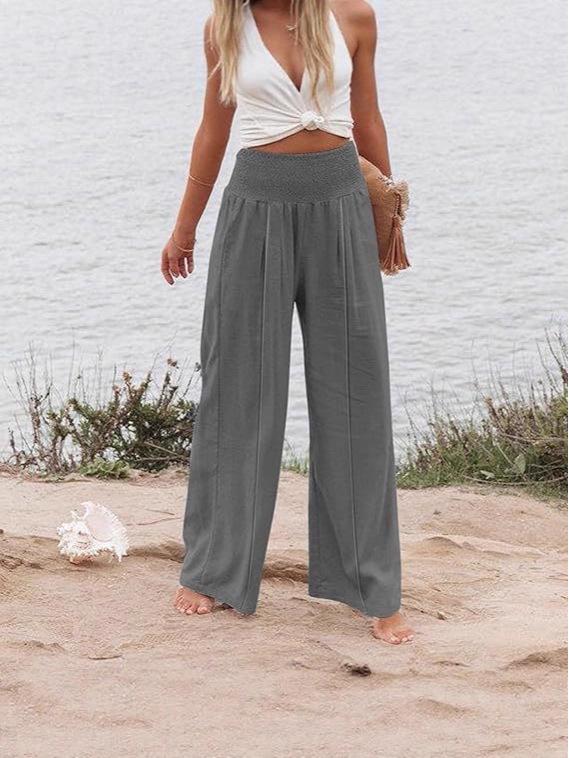 2025 Spring/Summer Women's Solid Color Elastic Waist Wide-Leg Casual Pants